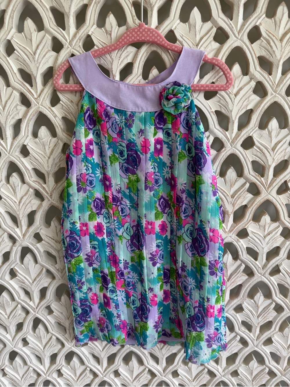 healthtex Lavender and Teal Floral Pleated Dress 3T
